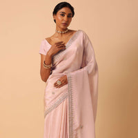 Peach Silk Saree With Gota Patti Work Border And Unstitched Blouse Piece