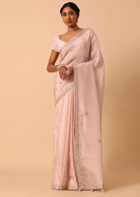 Peach Silk Saree With Gota Patti Work Border And Unstitched Blouse Piece