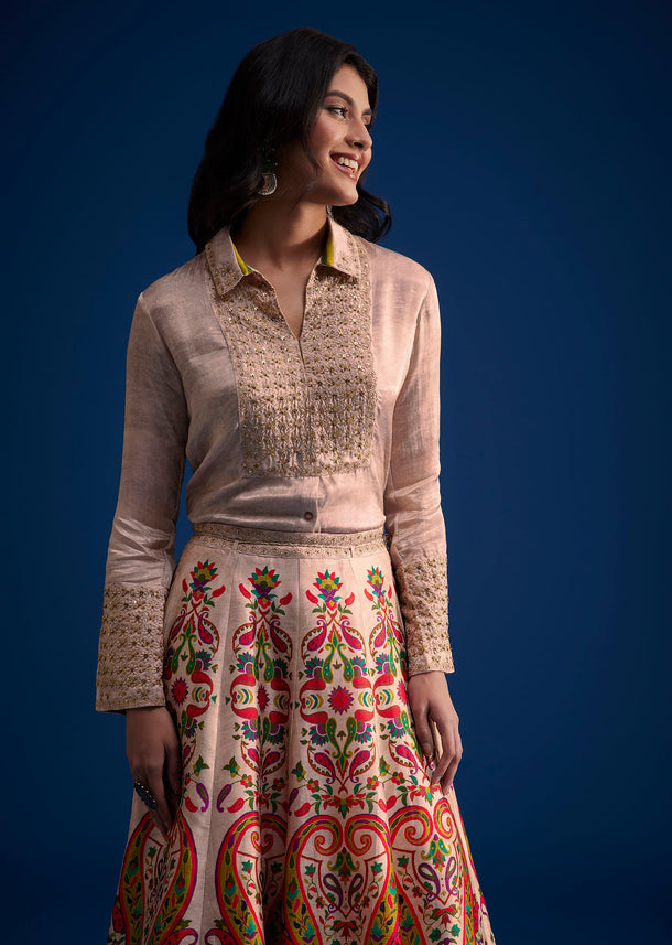 Peach Silk Shirt And Printed Skirt Set