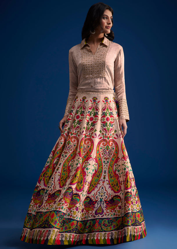 Peach Silk Shirt And Printed Skirt Set