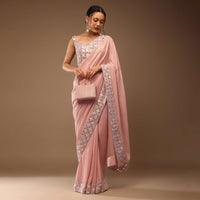 Peach Skin Saree With A Crop Top In Iridescent Foil Embellishment