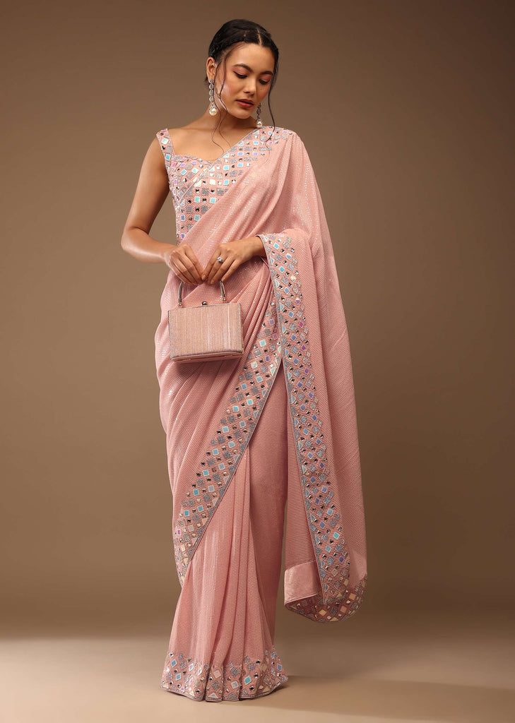 Peach Skin Saree With A Crop Top In Iridescent Foil Embellishment