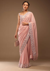 Peach Skin Saree With A Crop Top In Iridescent Foil Embellishment