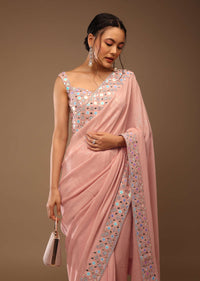 Peach Skin Saree With A Crop Top In Iridescent Foil Embellishment