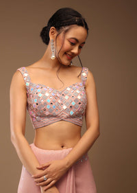 Peach Skin Saree With A Crop Top In Iridescent Foil Embellishment