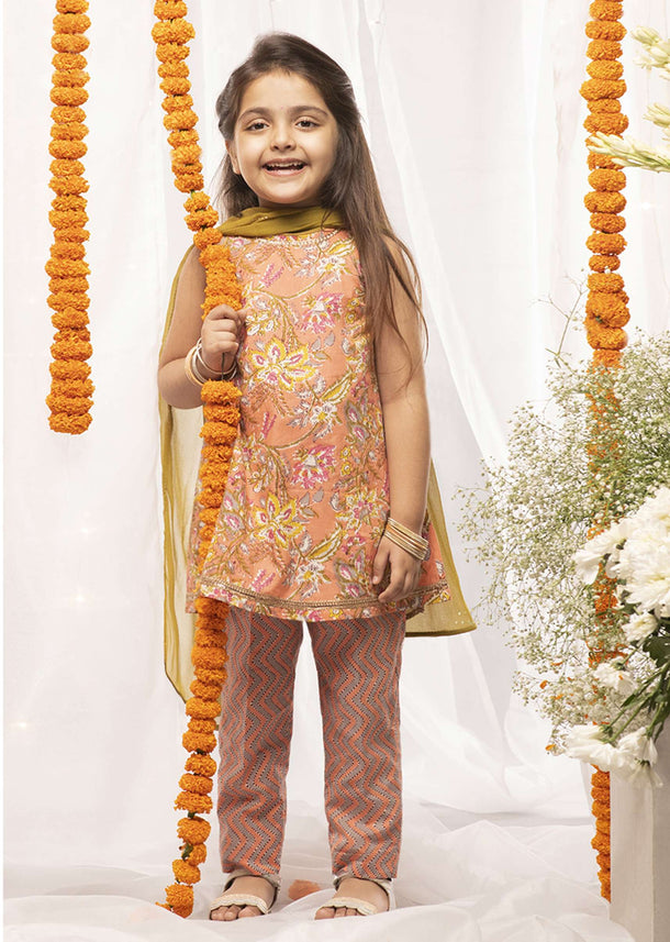 Kalki Girls Peach Suit Set In Cotton With Floral Print By Tiber Taber