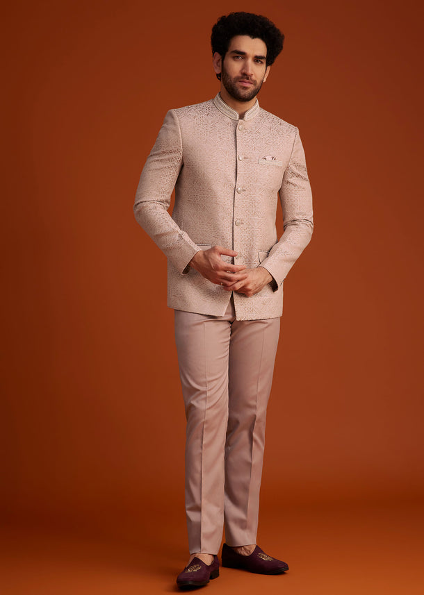 Peach Textured Bandhgala Suit