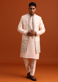 Peach Thread Embroidered Cotton Silk Sherwani Set