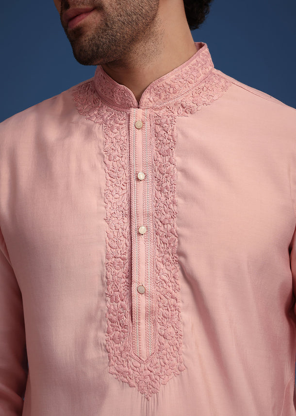 Peach Thread Hand Embroidered Kurta Set