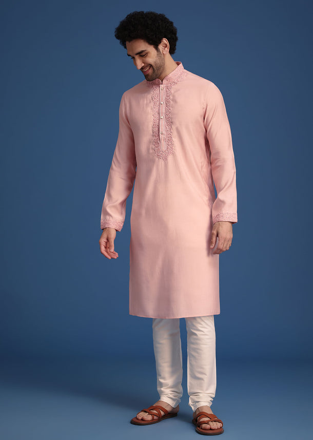 Peach Thread Hand Embroidered Kurta Set