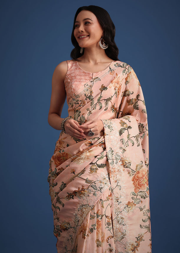 Peach Tissue Muslin Digital Print Saree With Pitta Work Border