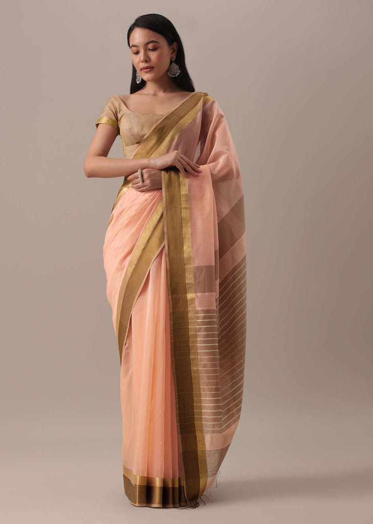 Peach Toned Handloom Chanderi Silk And Cotton Saree With Zari Work