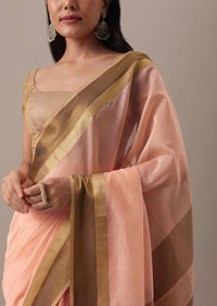 Peach Toned Handloom Chanderi Silk And Cotton Saree With Zari Work