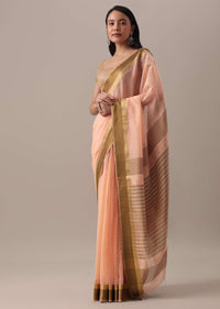 Peach Toned Handloom Chanderi Silk And Cotton Saree With Zari Work