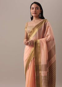 Peach Toned Handloom Chanderi Silk And Cotton Saree With Zari Work