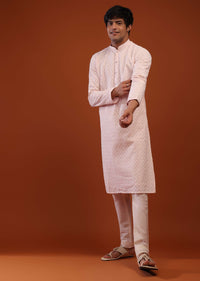 Peach Whip Raw Silk Kurta With Lucknowi Embroidery In Moroccan Jaal