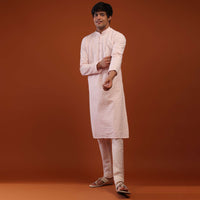 Peach Whip Raw Silk Kurta With Lucknowi Embroidery In Moroccan Jaal