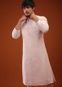 Peach Whip Raw Silk Kurta With Lucknowi Embroidery In Moroccan Jaal