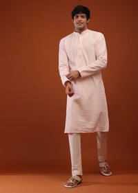 Peach Whip Raw Silk Kurta With Lucknowi Embroidery In Moroccan Jaal