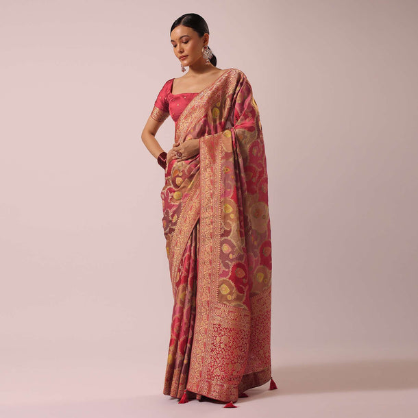 Peach Woven Rangkat Saree In Brocade Silk And Satin