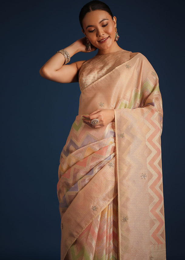 Peach Zardozi Work Tissue Chanderi Rangkart Saree