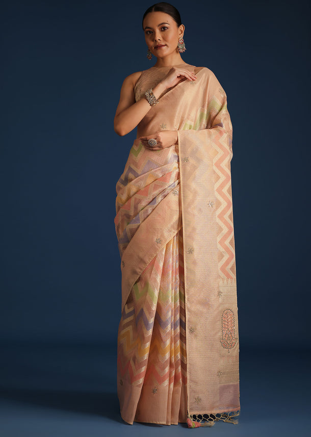 Peach Zardozi Work Tissue Chanderi Rangkart Saree