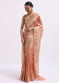 Peach Zari Woven Chanderi Saree With Unstitched Blouse