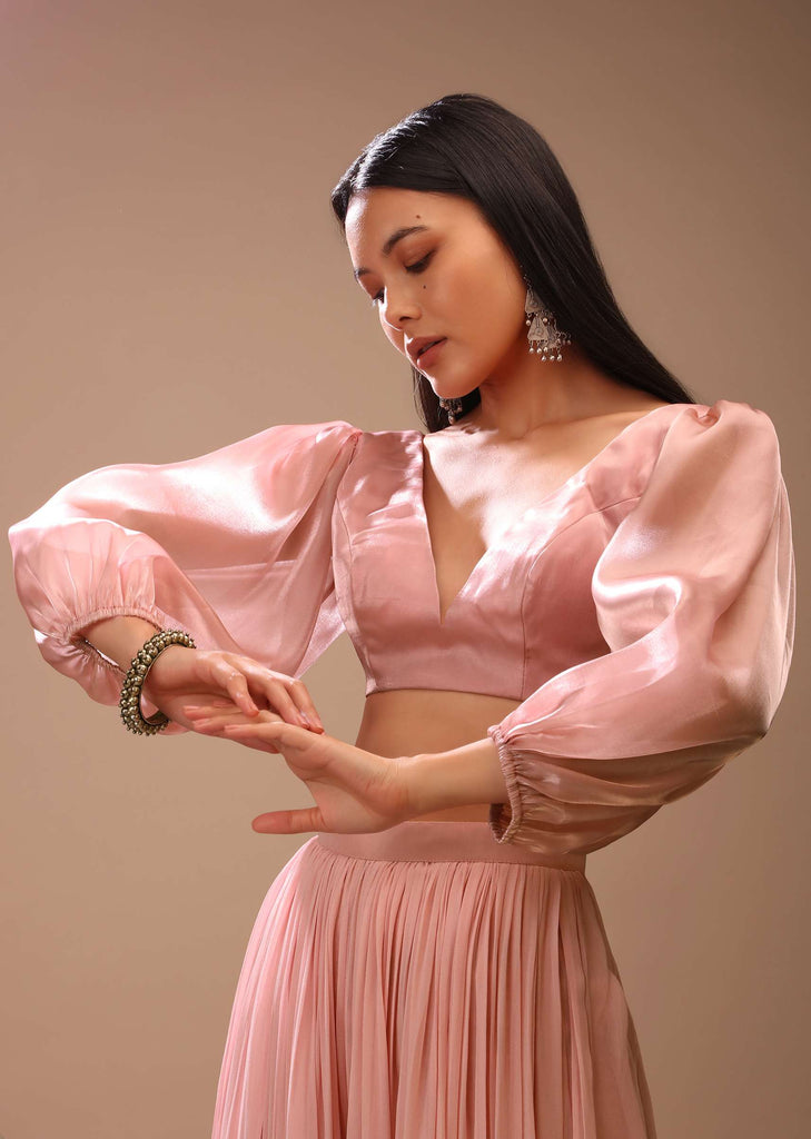 Peach skin Blouse In Organza With Plunging V Neckline And Three Quarter Balloon Sleeves