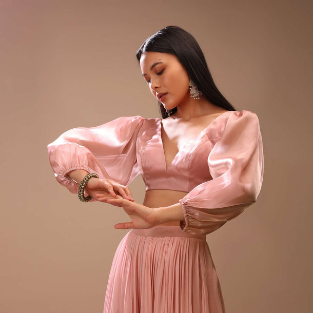 Peach skin Blouse In Organza With Plunging V Neckline And Three Quarter Balloon Sleeves