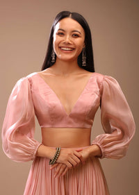 Peach skin Blouse In Organza With Plunging V Neckline And Three Quarter Balloon Sleeves