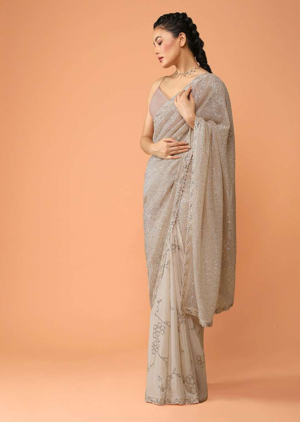 Peachy Beige Half And Half Saree In Crepe With Sequins Embellished Floral Motifs And Sequins Lycra Pallu Online - Kalki Fashion