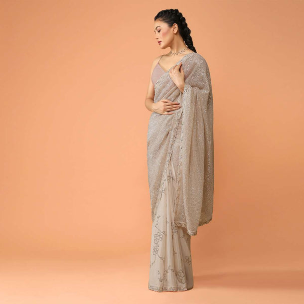 Peachy Beige Half And Half Saree In Crepe With Sequins Embellished Floral Motifs And Sequins Lycra Pallu Online - Kalki Fashion