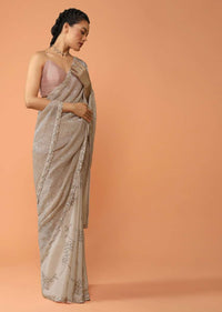Peachy Beige Half And Half Saree In Crepe With Sequins Embellished Floral Motifs And Sequins Lycra Pallu Online - Kalki Fashion