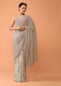 Peachy Beige Half And Half Saree In Crepe With Sequins Embellished Floral Motifs And Sequins Lycra Pallu Online - Kalki Fashion
