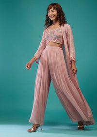 Petal Pink Embroidered Palazzo Crop-Top Set In Georgette With Shrug