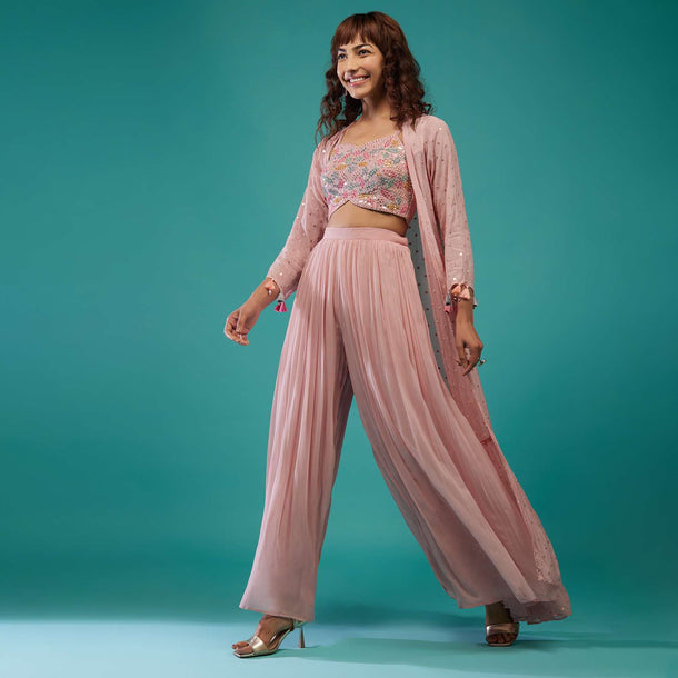 Petal Pink Embroidered Palazzo Crop-Top Set In Georgette With Shrug