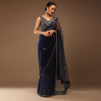 Peacoat Blue Saree With The Crop In Stones Embellishment