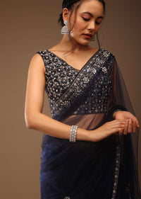 Peacoat Blue Saree With The Crop In Stones Embellishment