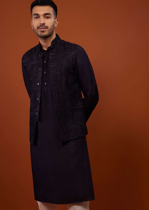 Navy Blue Embroidered Cotton Silk Bandi Jacket Set