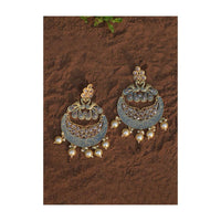 Peacock Blue Chandbalis With Carved Peacock Motifs, Crystals And Dangling Pearls Online - Kalki Fashion