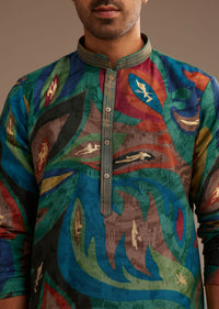 Peacock Blue Multi Color Silk Abstract Printed Kurta Set