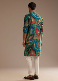 Peacock Blue Multi Color Silk Abstract Printed Kurta Set