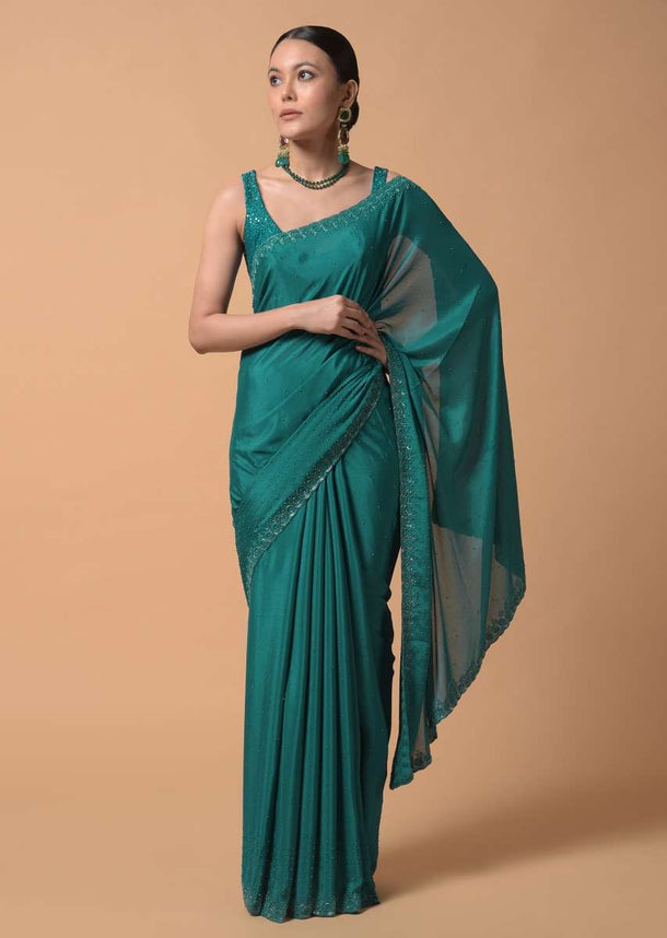 Peacock Blue Saree In Chiffon With Scattered Moti Beads And Cut Dana Embellished Border Online - Kalki Fashion