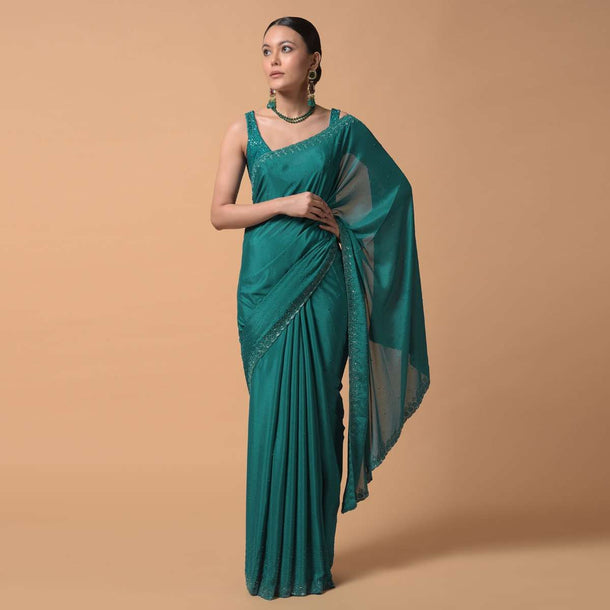 Peacock Blue Saree In Chiffon With Scattered Moti Beads And Cut Dana Embellished Border Online - Kalki Fashion