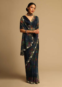 Peacock Blue Saree In Organza With Floral Print All Over And Moti Embroidered Border Along With Unstitched Blouse