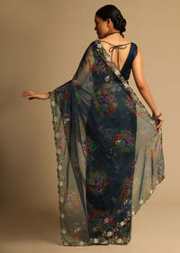 Peacock Blue Saree In Organza With Floral Print All Over And Moti Embroidered Border Along With Unstitched Blouse