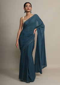 Peacock Blue Saree In Satin Chiffon With Kundan And Cut Dana Border Online - Kalki Fashion