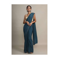 Peacock Blue Saree In Satin Chiffon With Kundan And Cut Dana Border Online - Kalki Fashion