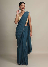 Peacock Blue Saree In Satin Chiffon With Kundan And Cut Dana Border Online - Kalki Fashion