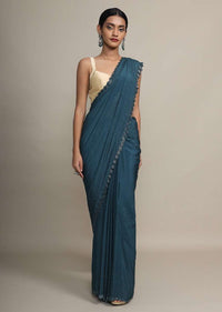 Peacock Blue Saree In Satin Chiffon With Kundan And Cut Dana Border Online - Kalki Fashion